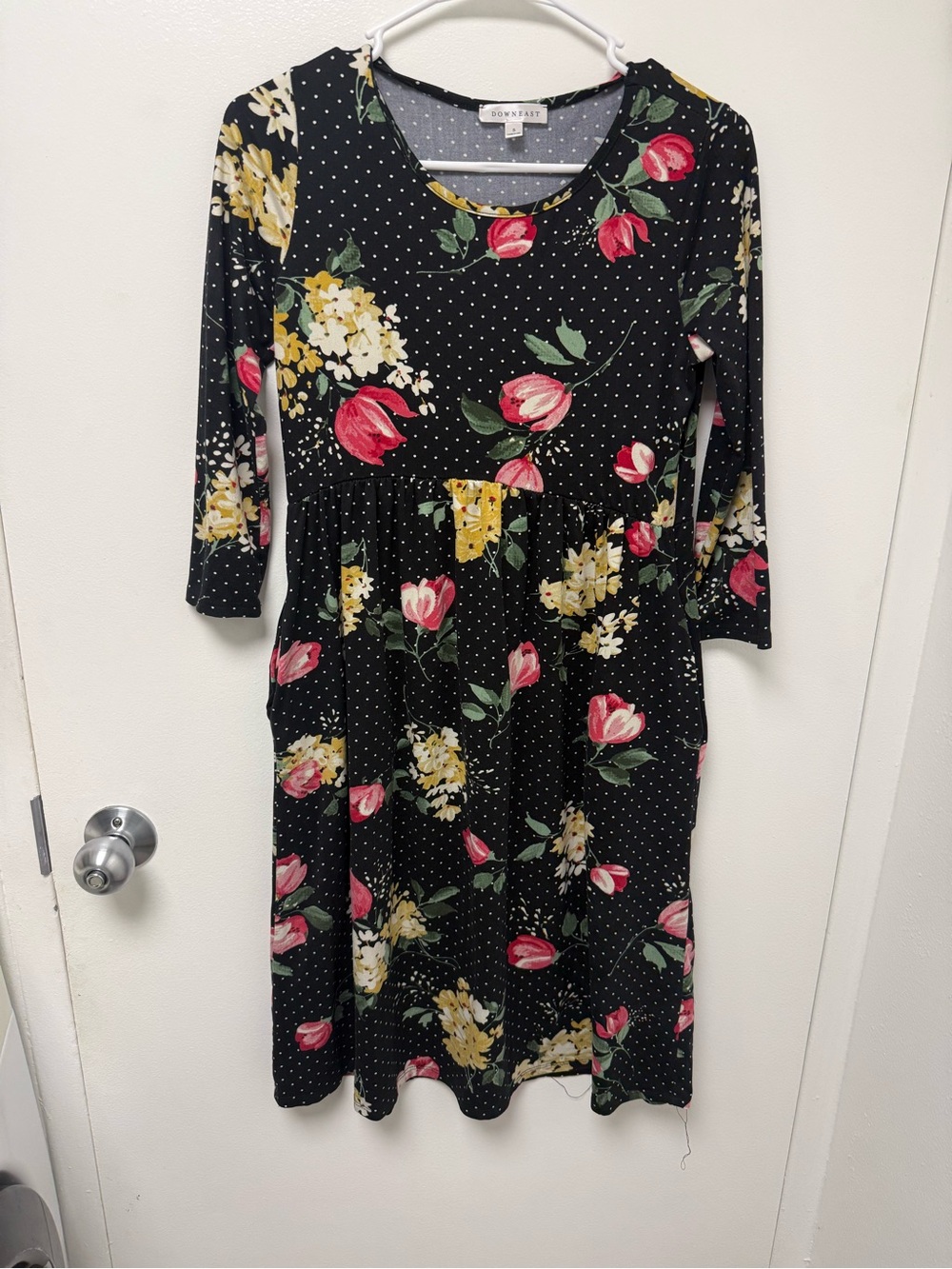 DownEast Black Midi Dress with Pink Tulips & Yellow Blooms